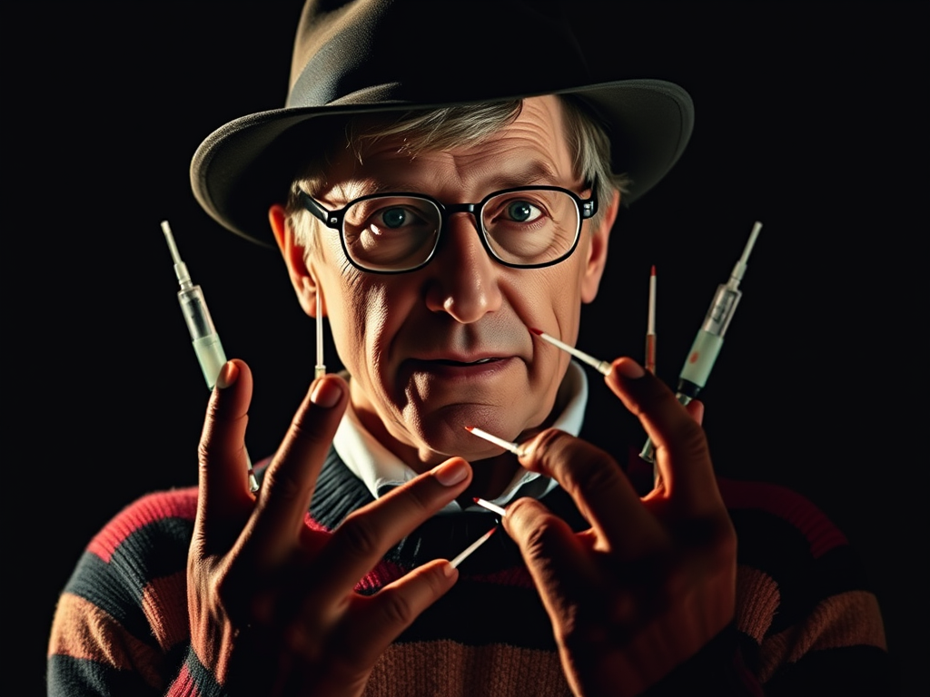 Bill Gates, who has funded many vaccine programs and openly admits to supporting population culling is pictured here in caricature with needles and syringes coming from his fingers. The author's opinion is that he violated the Nuremburg Code with his actions pushing these drugs.